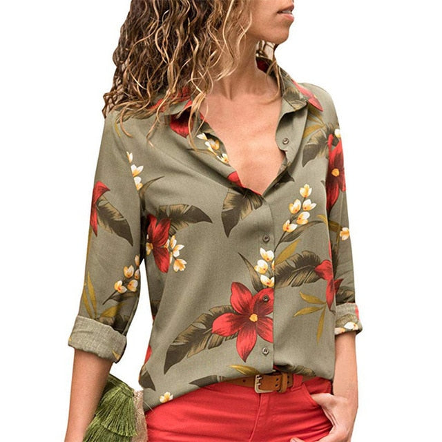 Women's Long Sleeve Floral Print Button-Down Turn-Down Collar Shirt/Blouse